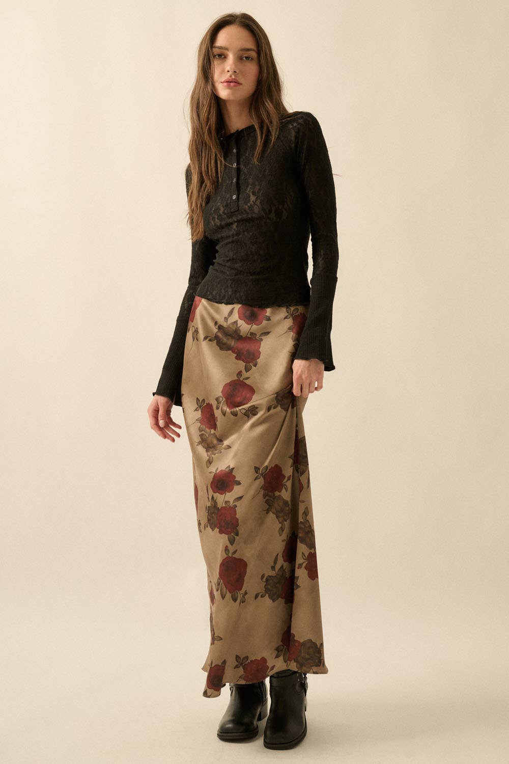 Floral-Print Satin Elastic-Waist Maxi Skirt