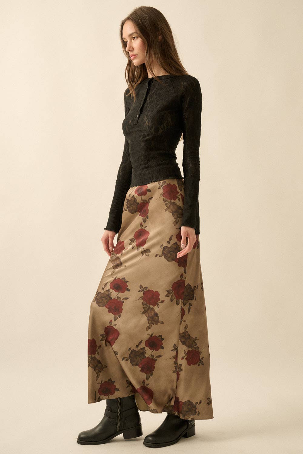 Floral-Print Satin Elastic-Waist Maxi Skirt