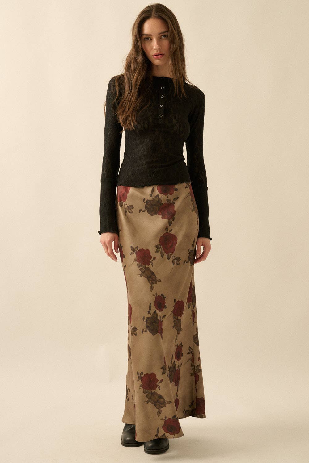Floral-Print Satin Elastic-Waist Maxi Skirt
