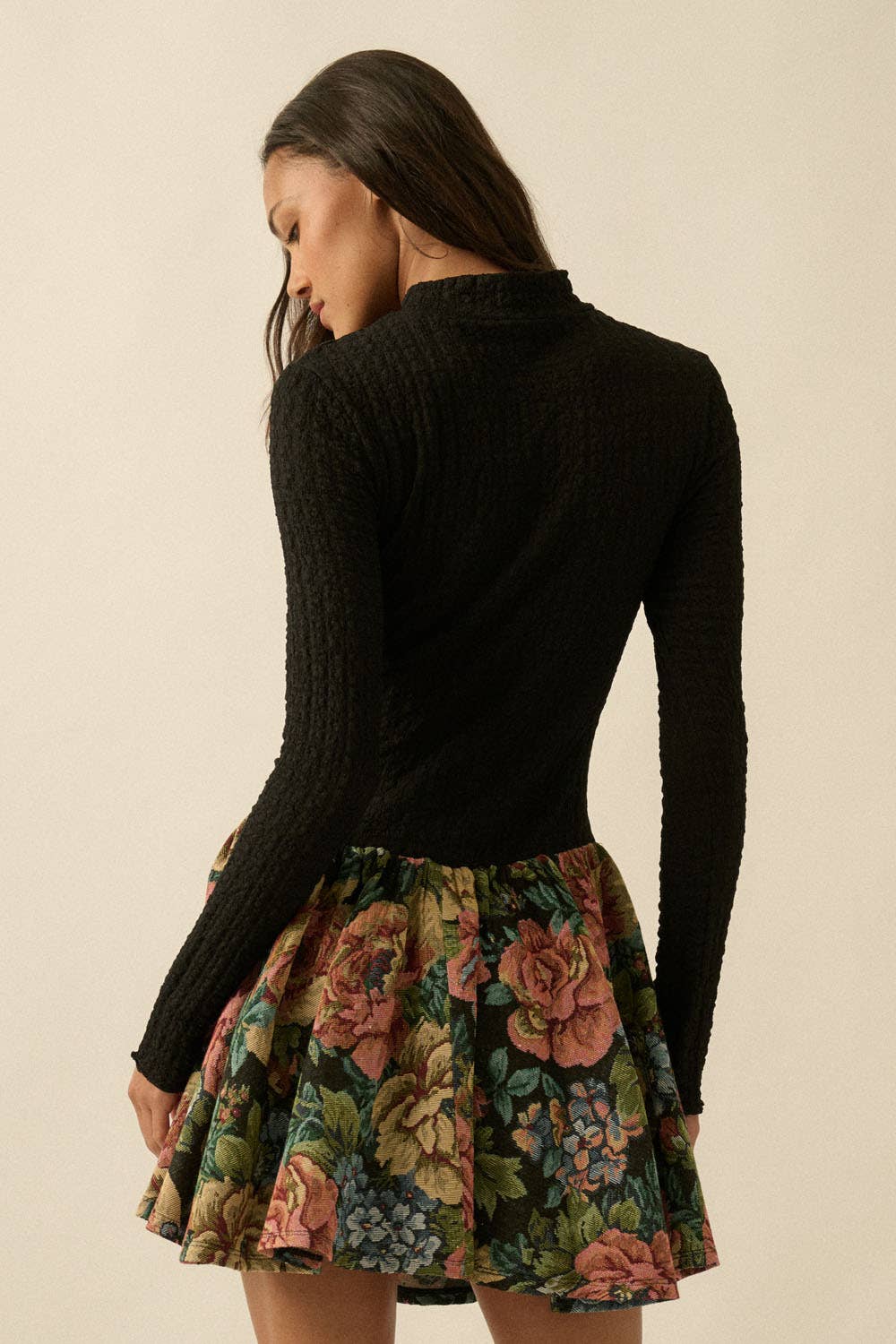 Textured Knit Floral Tapestry Bubble Mini Dress