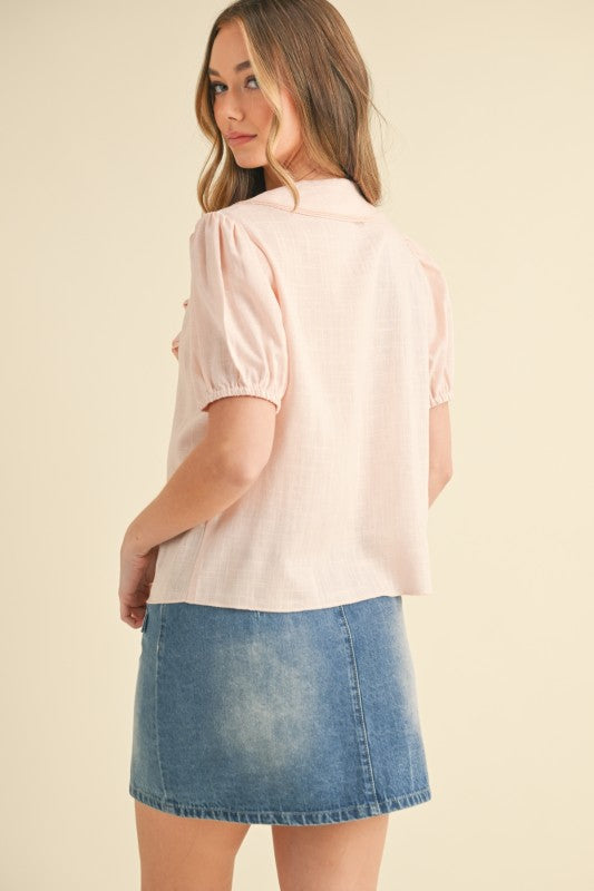 Tie front ruffle linen blouse