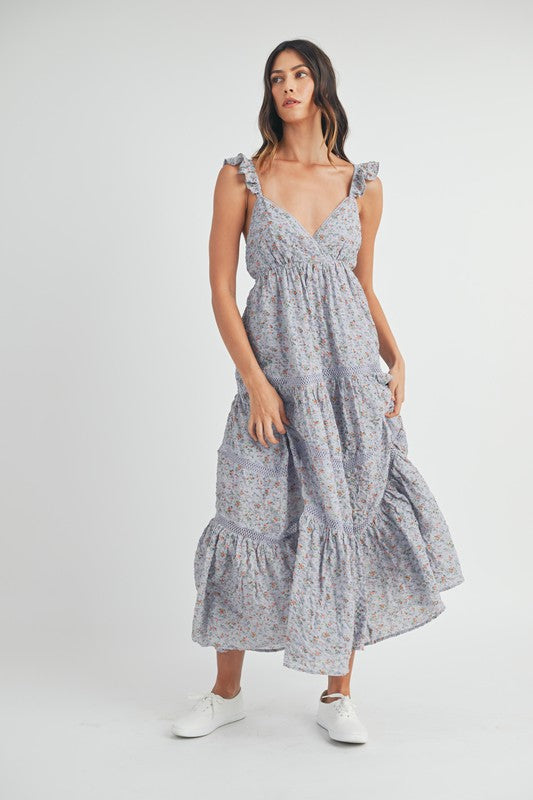Floral print Lace Trimmed Tiered Maxi Dress