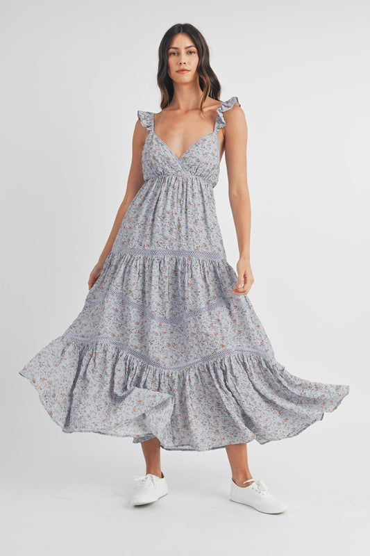 Floral print Lace Trimmed Tiered Maxi Dress