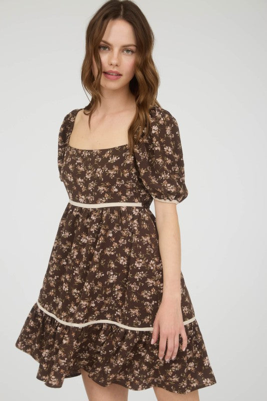 Floral Contrast Trim Detail Puffsleeves Mini Dress