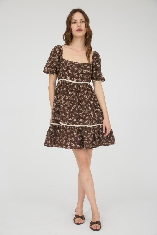 Floral Contrast Trim Detail Puffsleeves Mini Dress