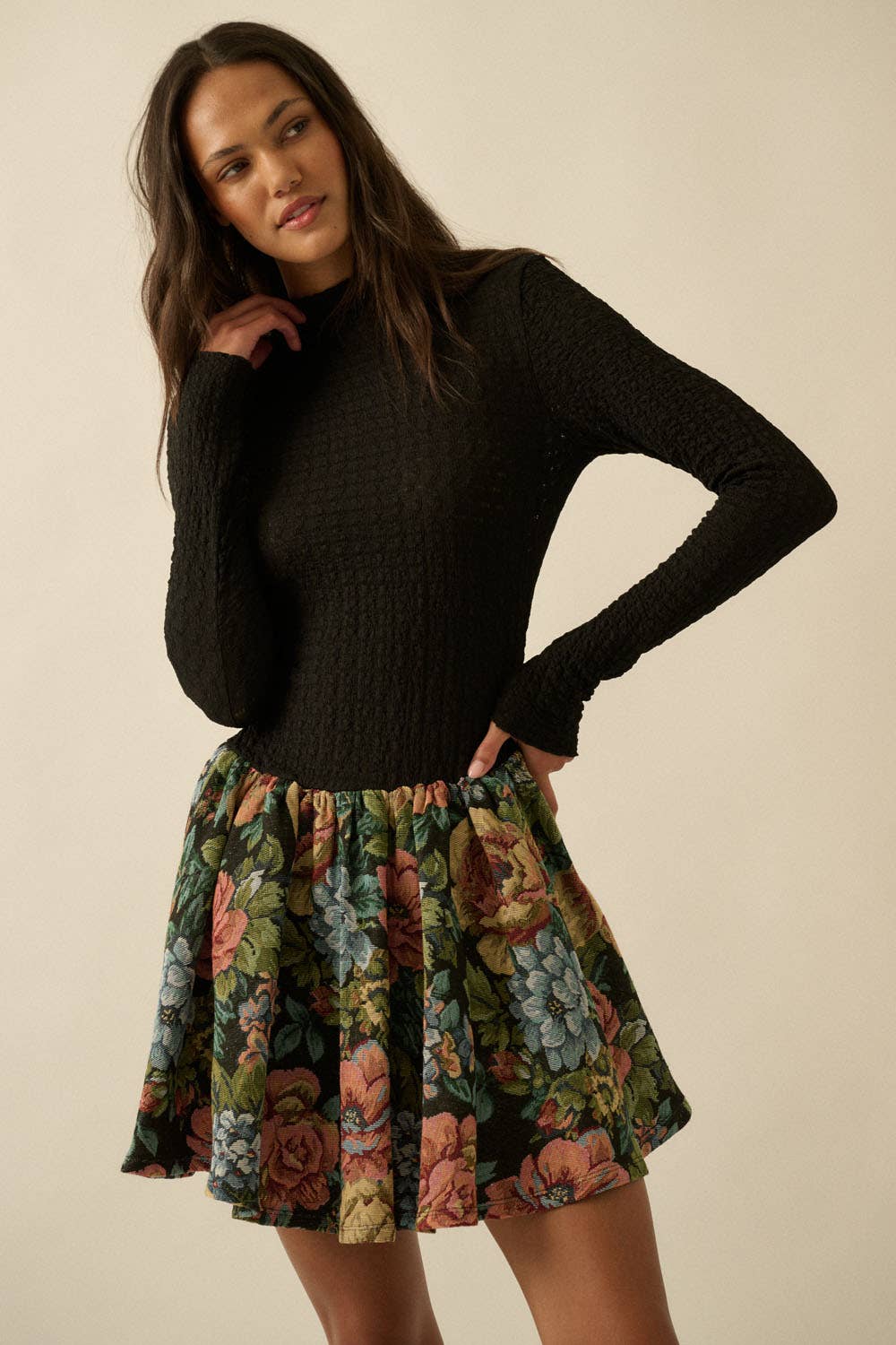 Textured Knit Floral Tapestry Bubble Mini Dress