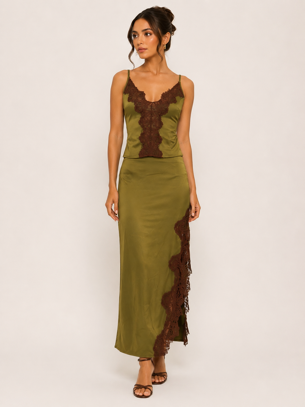 OLIVE LACE TRIM SATIN SKIRT - SI4823FO