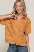 Short Dolman Sleeve Button Down Stripe Linen Shirt