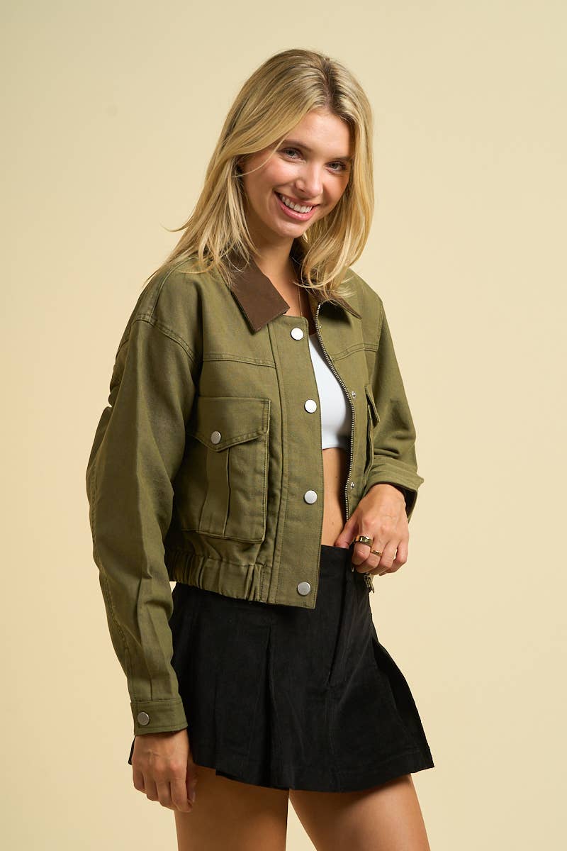 2757-Cropped Utility Jacket with Contrast Collar