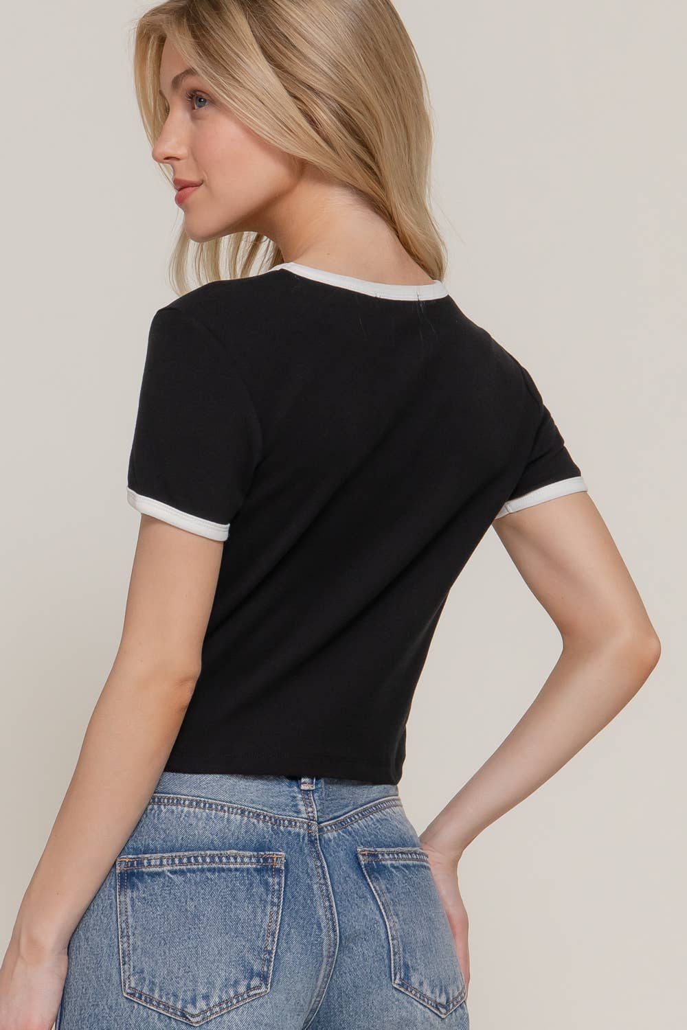 Short Sleeve Crew Neck Embroidery Ringer T-shirt
