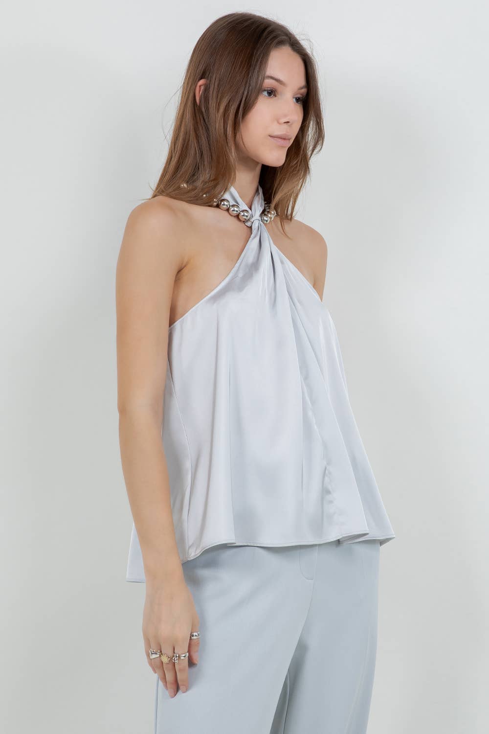 HALTER NECK SATIN TANK TOP WITH METALLIC SILVER BEADING