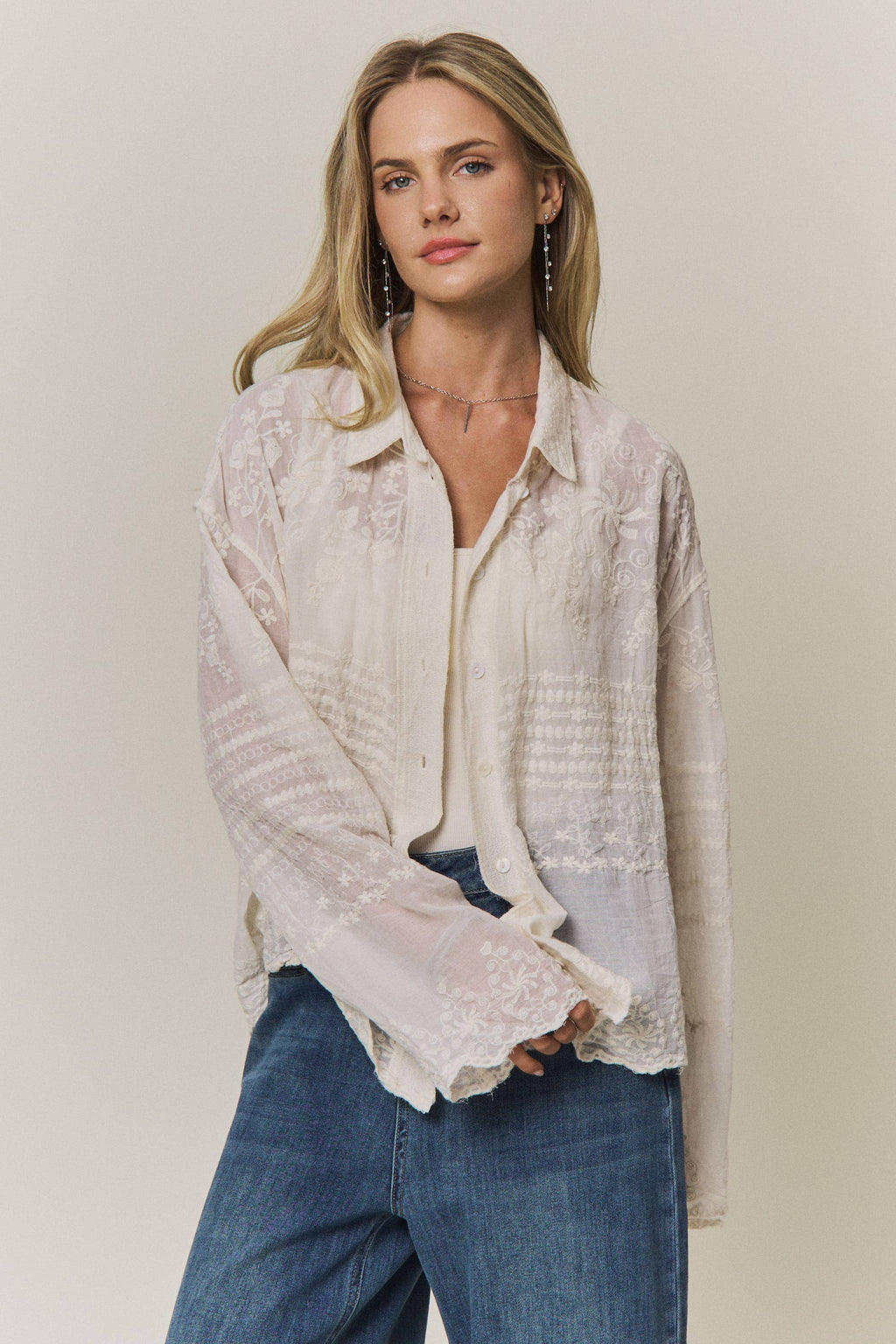 EMBROIDERED SHEER BUTTON-DOWN BLOUSE- CET4525