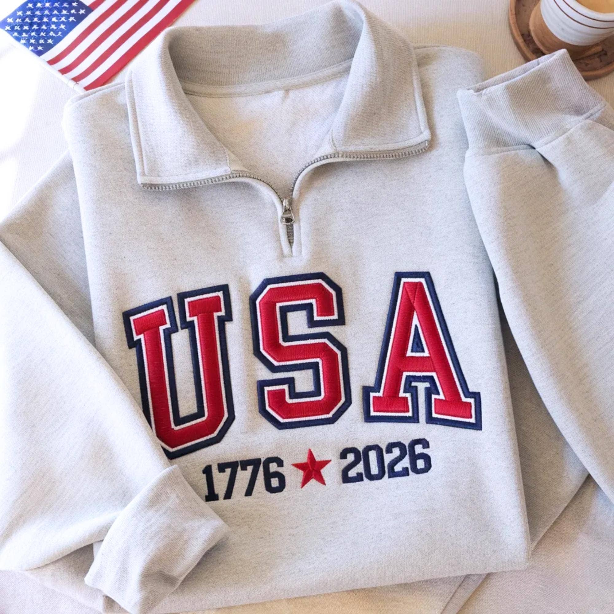 Embroidered USA Quarter Zip Sweatshirt: America 1776-2026