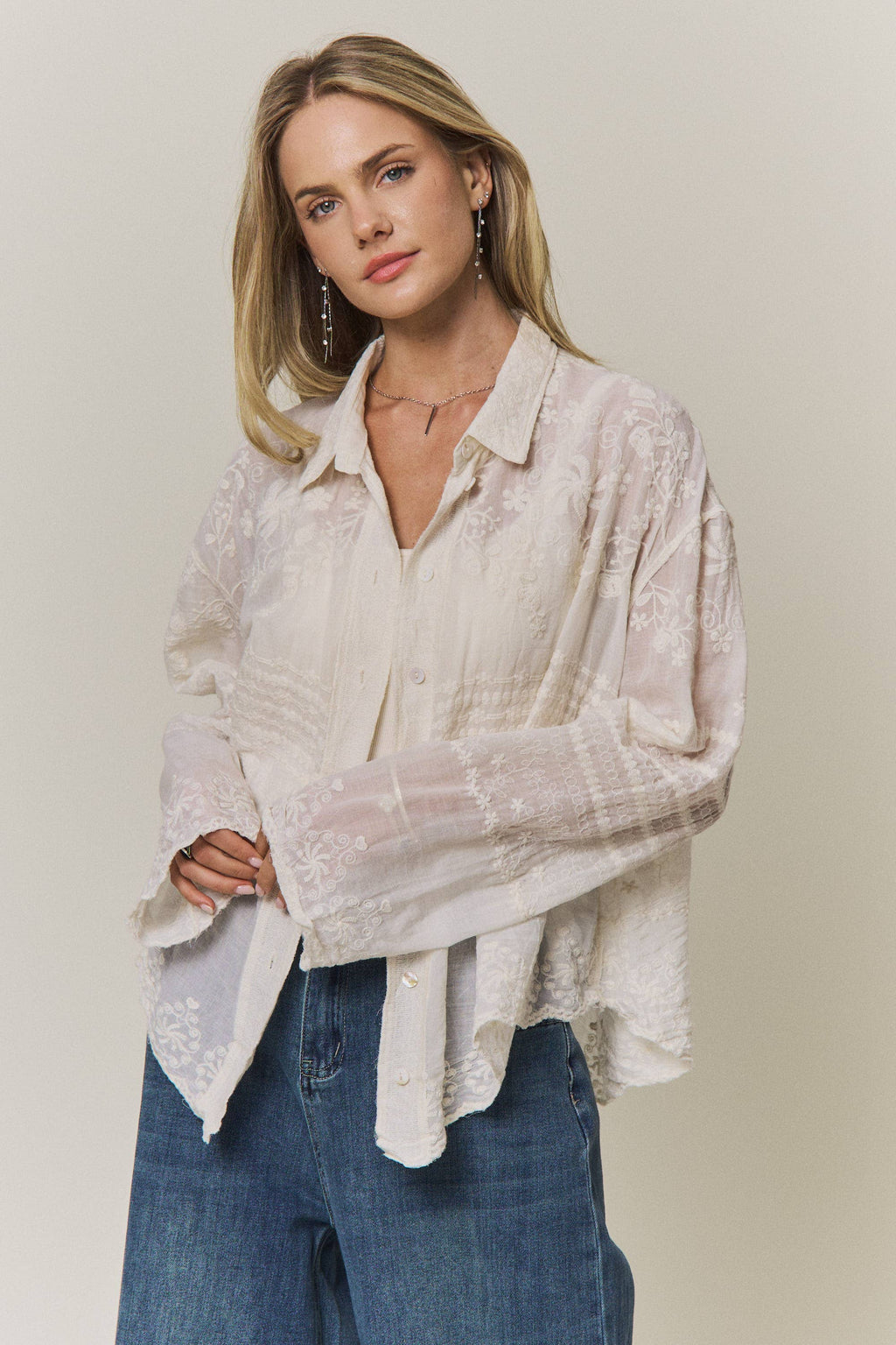 EMBROIDERED SHEER BUTTON-DOWN BLOUSE- CET4525