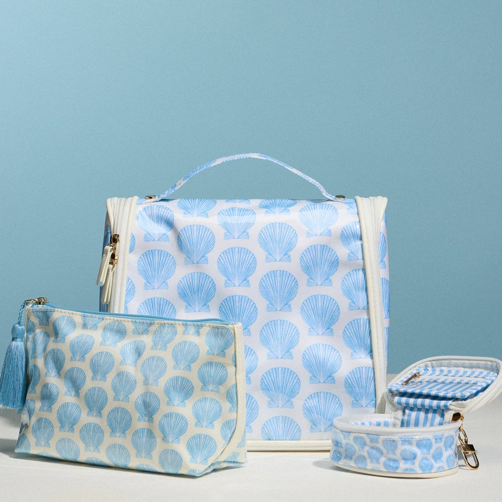 Blue Seashell Print Cosmetic Pouch | Zipper Makeup Bag with Tassel