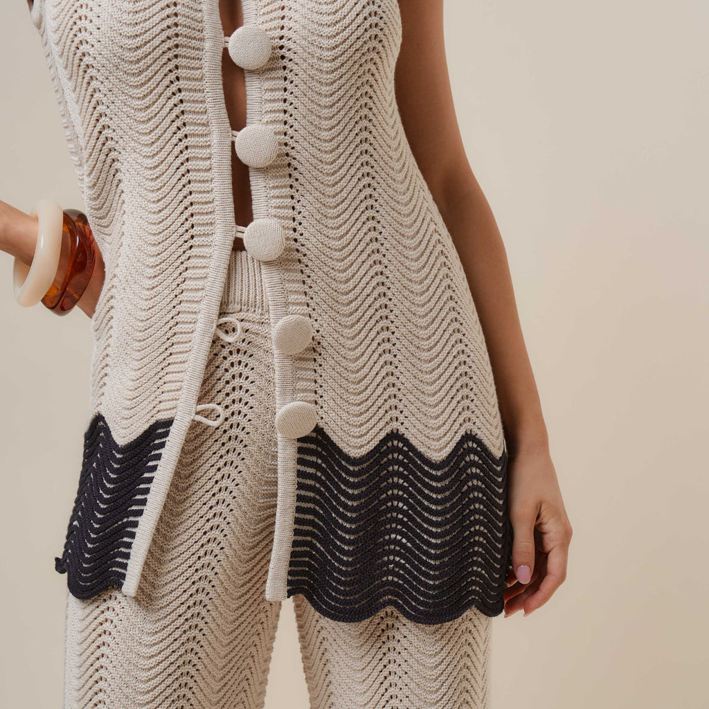 AS3390 Colorblock Button knit top & pants set