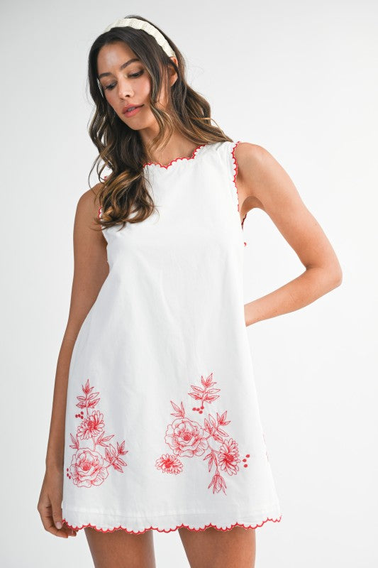 Floral Embroidered Scalloped Edge Mini Dress