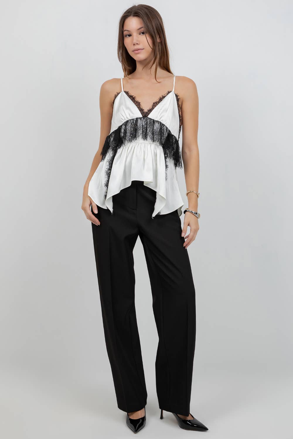 LACE MIXED SATIN CAMI TANK TOP