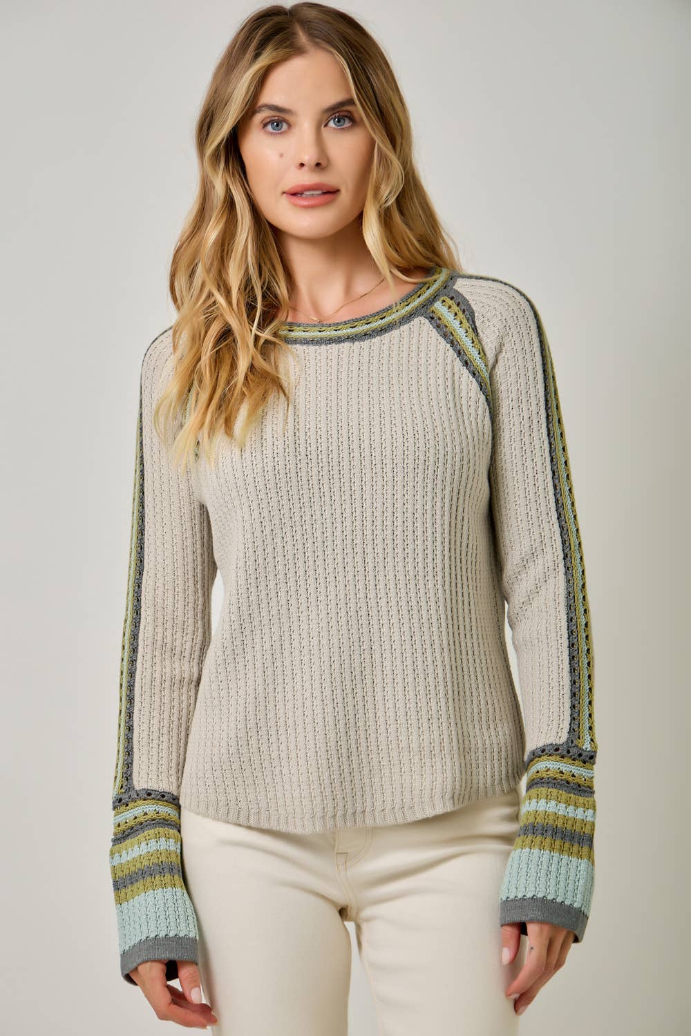 61199 Raglan Sleeve Trim Detail Sweater Top