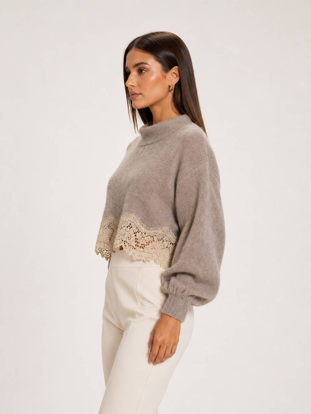 TAUPE CROP LONG SLEEVE SWEATER WITH LACE HEM - TI7639FO