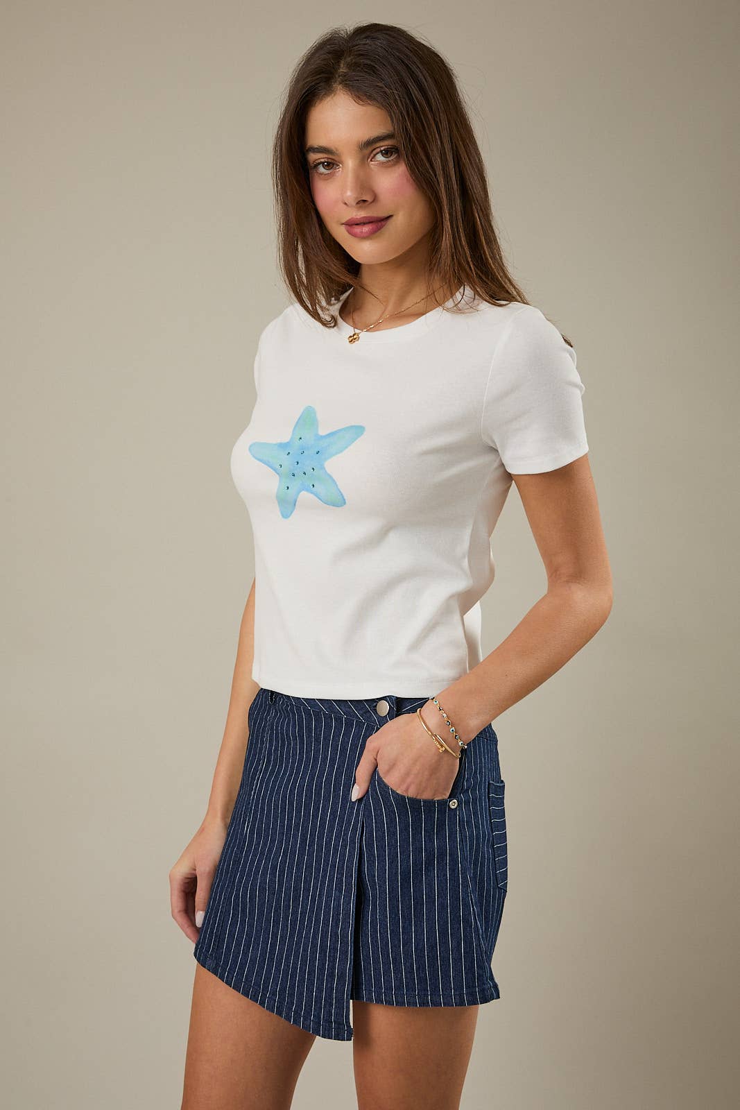 CREW NECK SHORT SLEEVE STARFISH PRINT T-SHIRT
