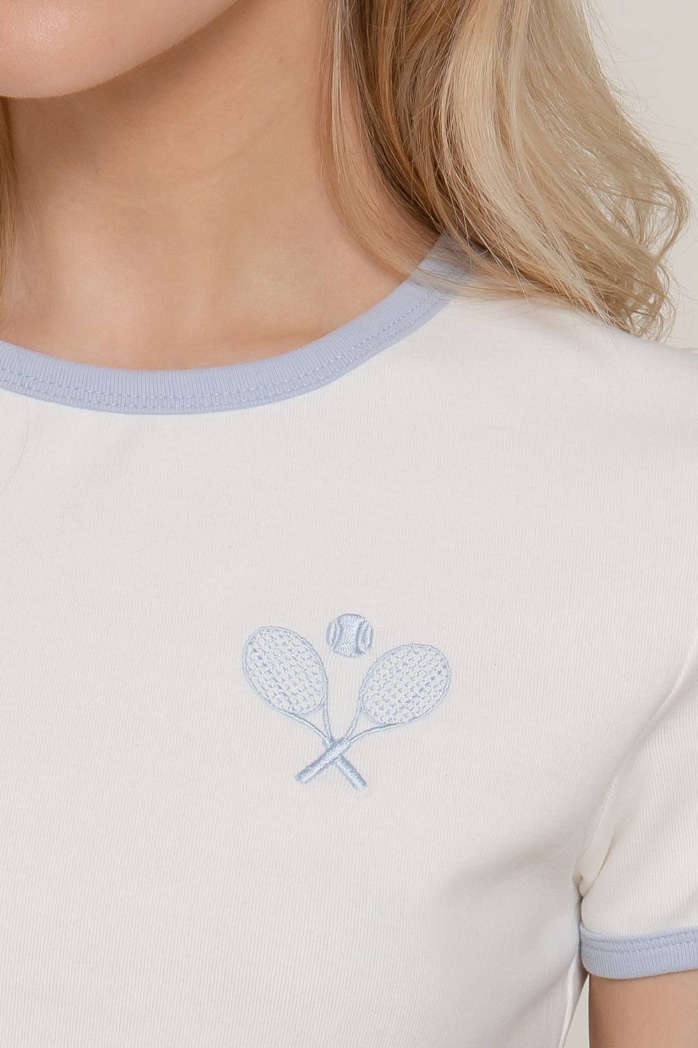 Short Sleeve Crew Neck Embroidery Ringer T-shirt