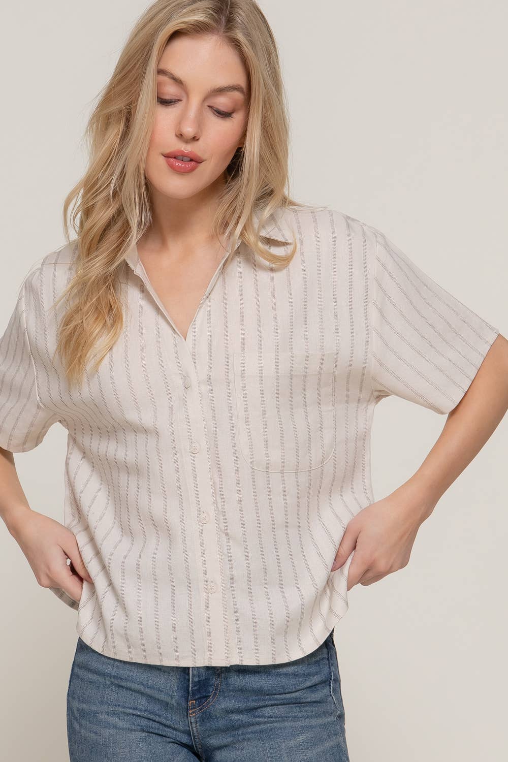 Short Dolman Sleeve Button Down Stripe Linen Shirt