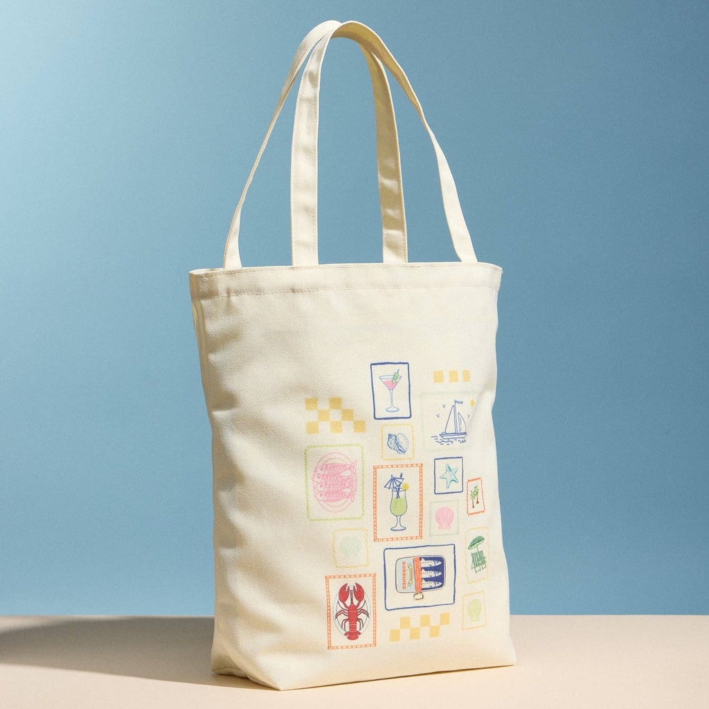 Cream Canvas Tote Bag with Coastal Stamp Print | Everyday Shoulder Shopping Bag