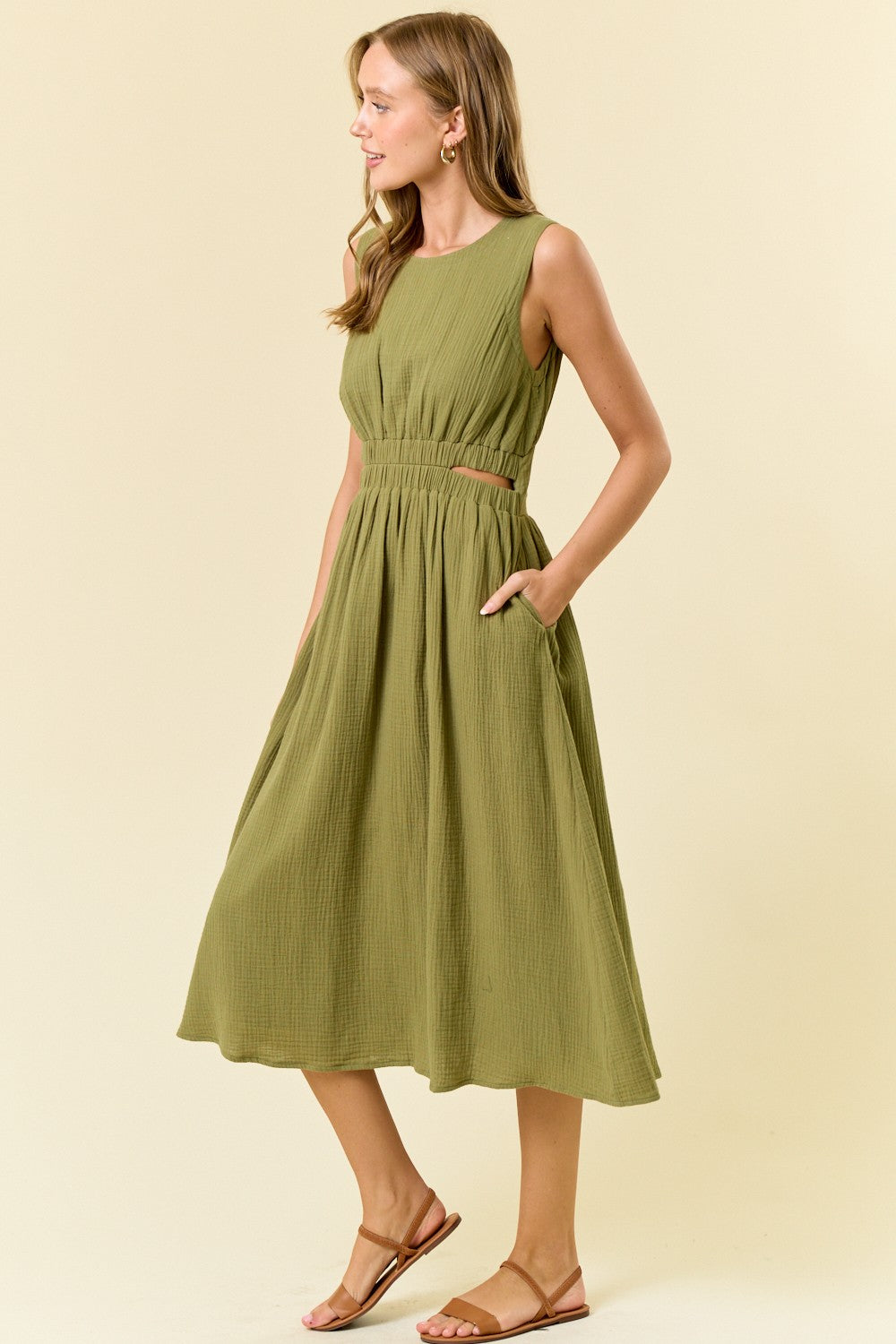 Cut-out Waist Midi Dress W/ Side Pocket