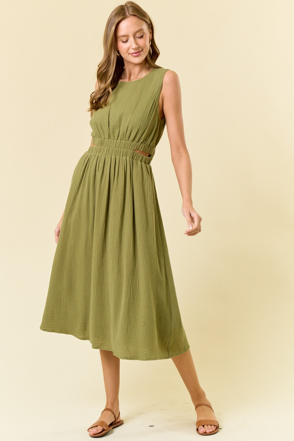 Cut-out Waist Midi Dress W/ Side Pocket