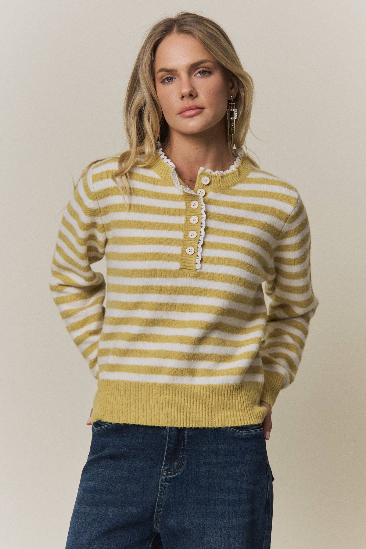 STRIPED KNIT HENLEY SWEATER- CESW4380