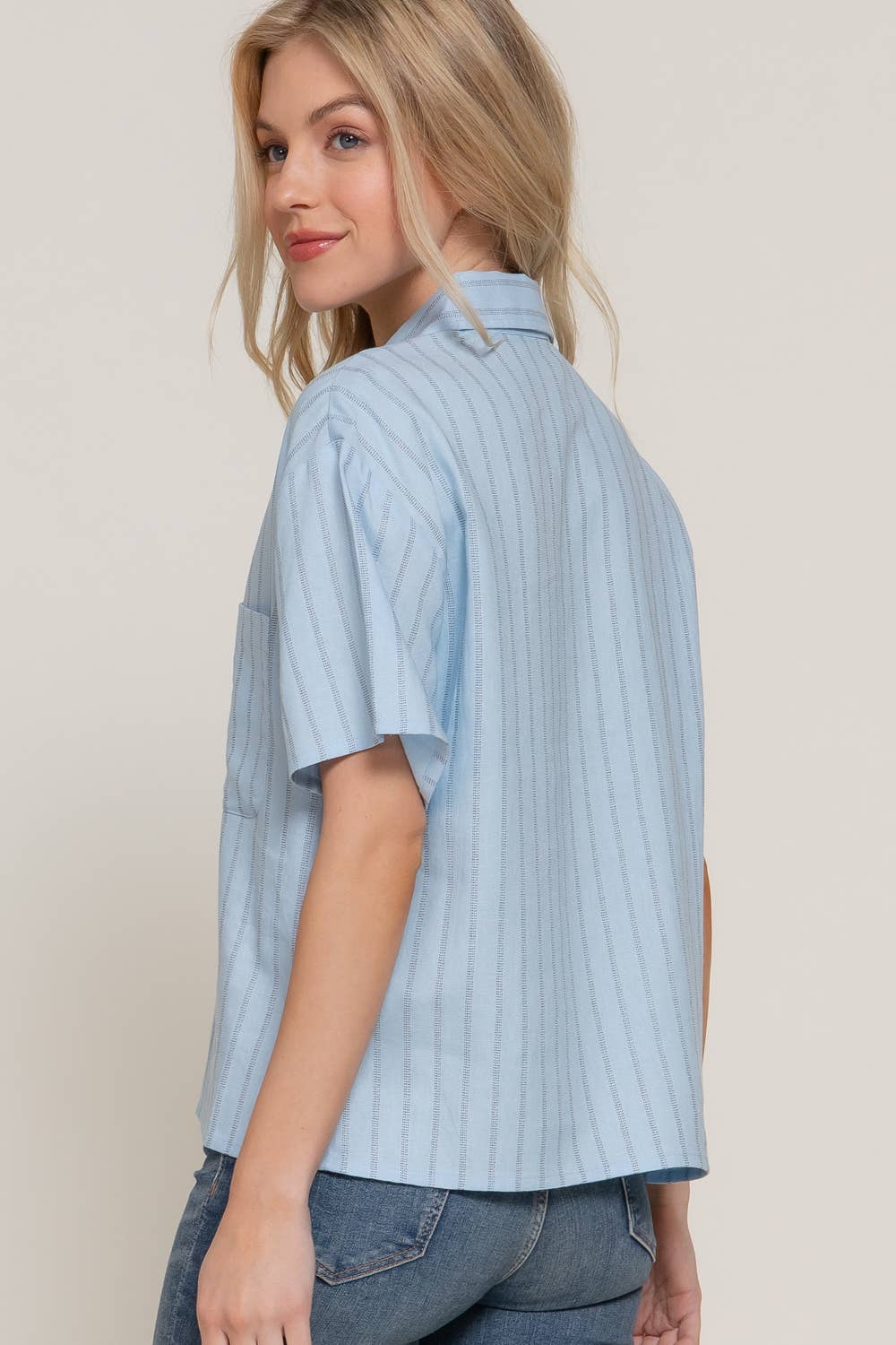 Short Dolman Sleeve Button Down Stripe Linen Shirt