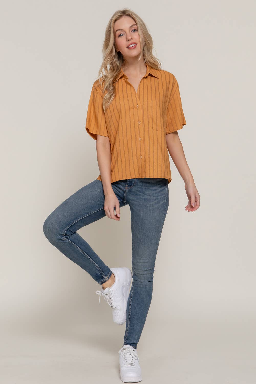 Short Dolman Sleeve Button Down Stripe Linen Shirt