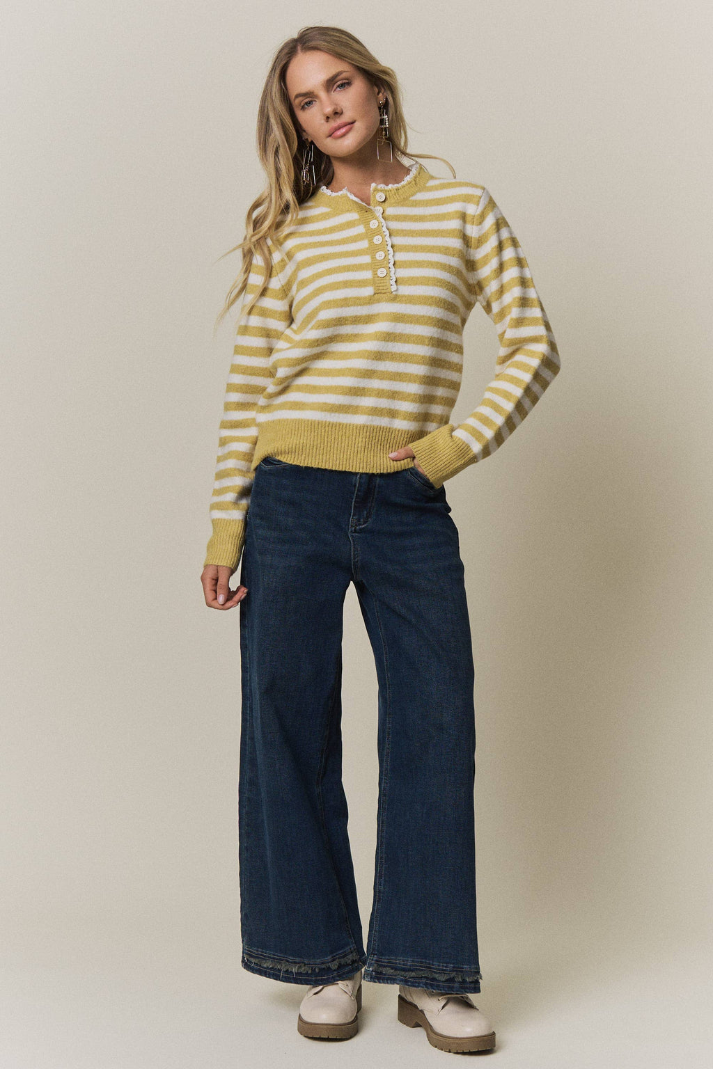 STRIPED KNIT HENLEY SWEATER- CESW4380