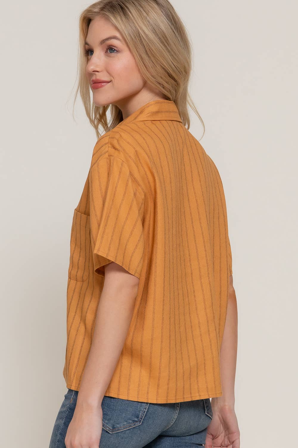 Short Dolman Sleeve Button Down Stripe Linen Shirt