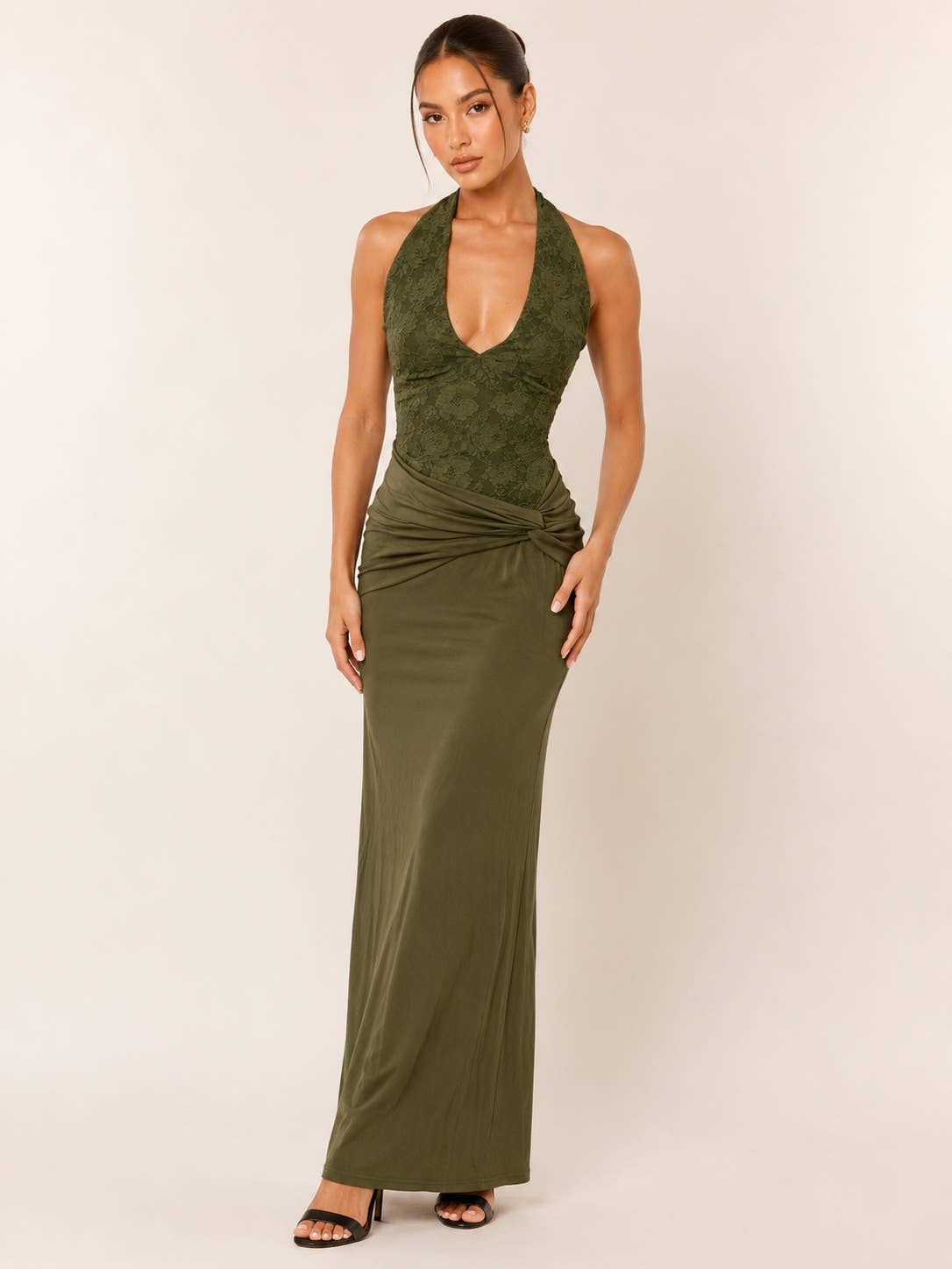 HALTER MAXI DRESS WITH CONTRAST LACE TOP