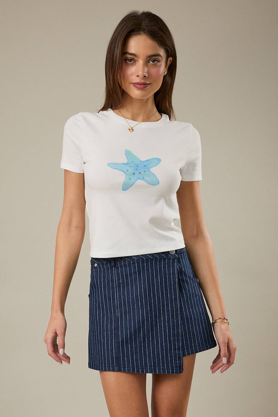 CREW NECK SHORT SLEEVE STARFISH PRINT T-SHIRT