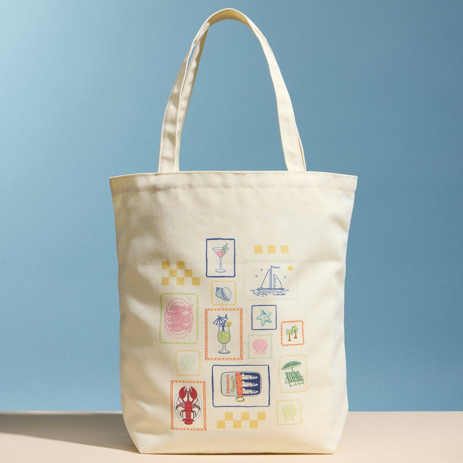 Cream Canvas Tote Bag with Coastal Stamp Print | Everyday Shoulder Shopping Bag