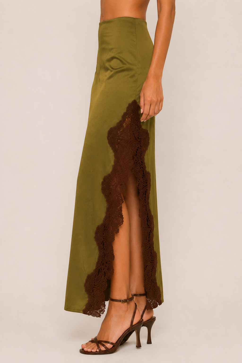 OLIVE LACE TRIM SATIN SKIRT - SI4823FO