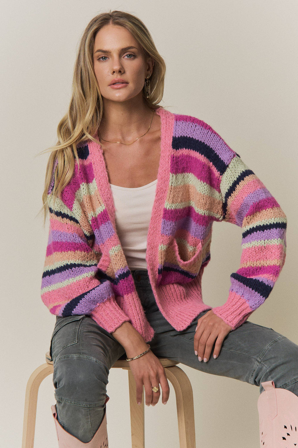VIBRANT STRIPED COLOR BLOCK CARDIGAN
