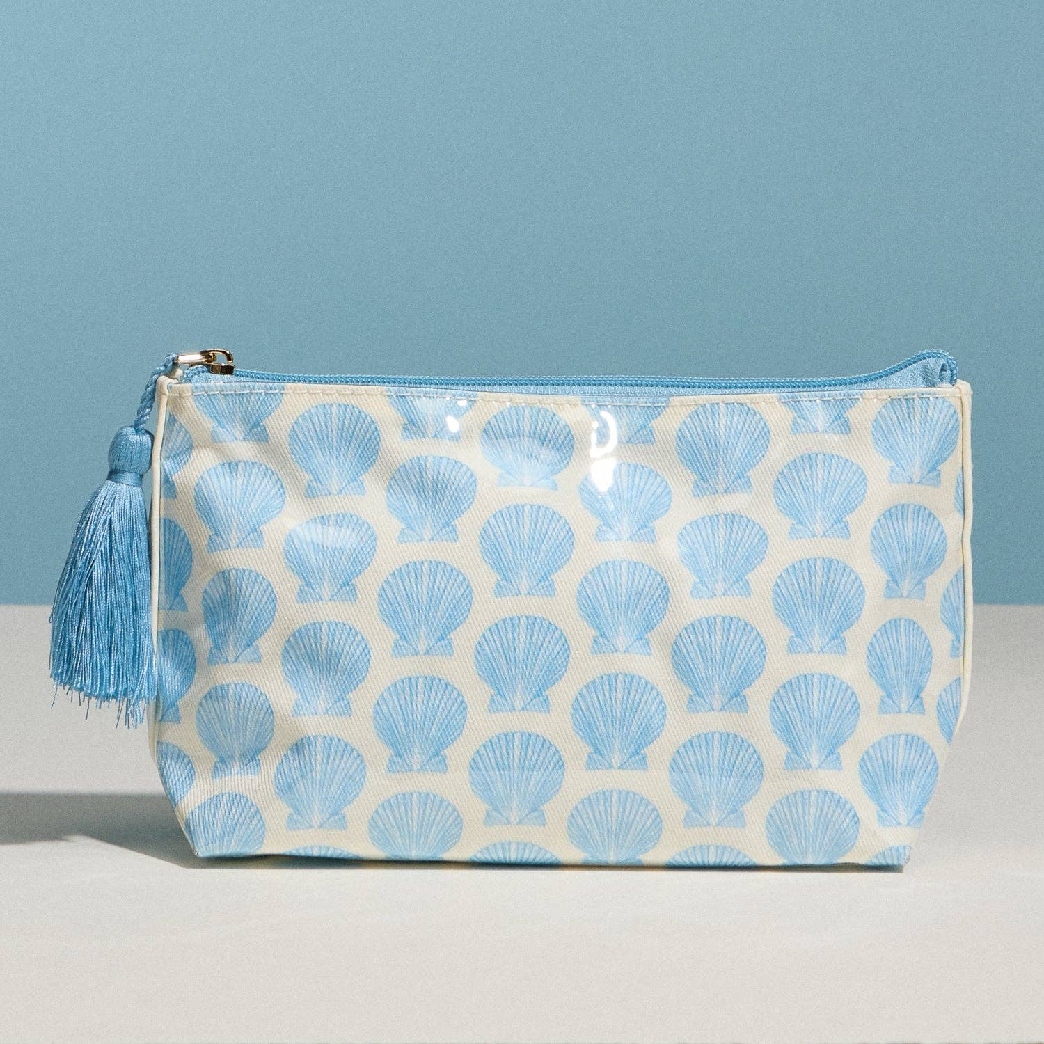 Blue Seashell Print Cosmetic Pouch | Zipper Makeup Bag with Tassel
