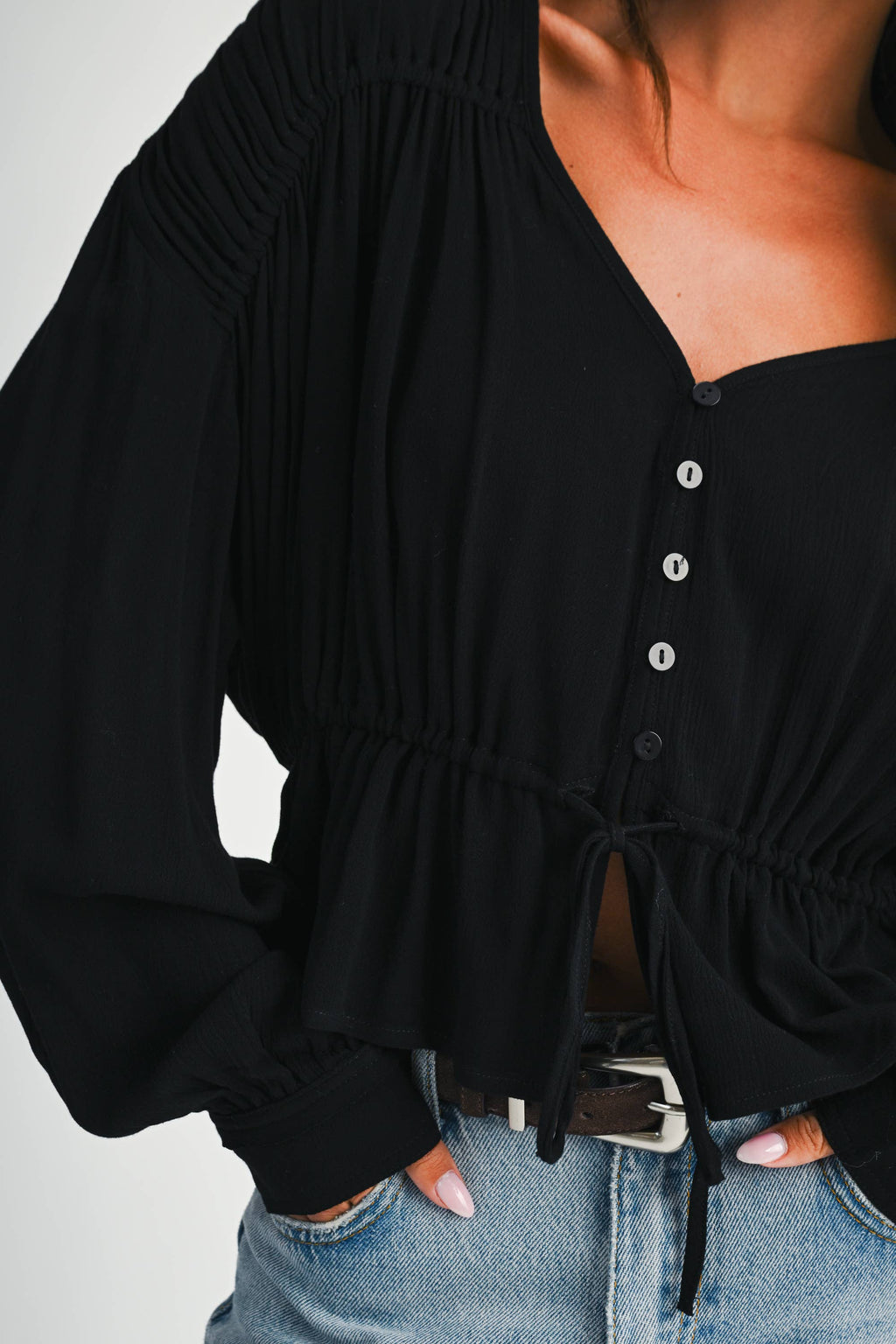 Textured Button Front Peplum Blouse
