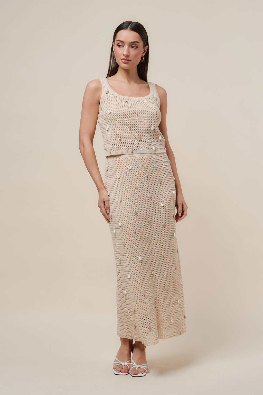 AS2986 Shell embellished knit top & skirt set