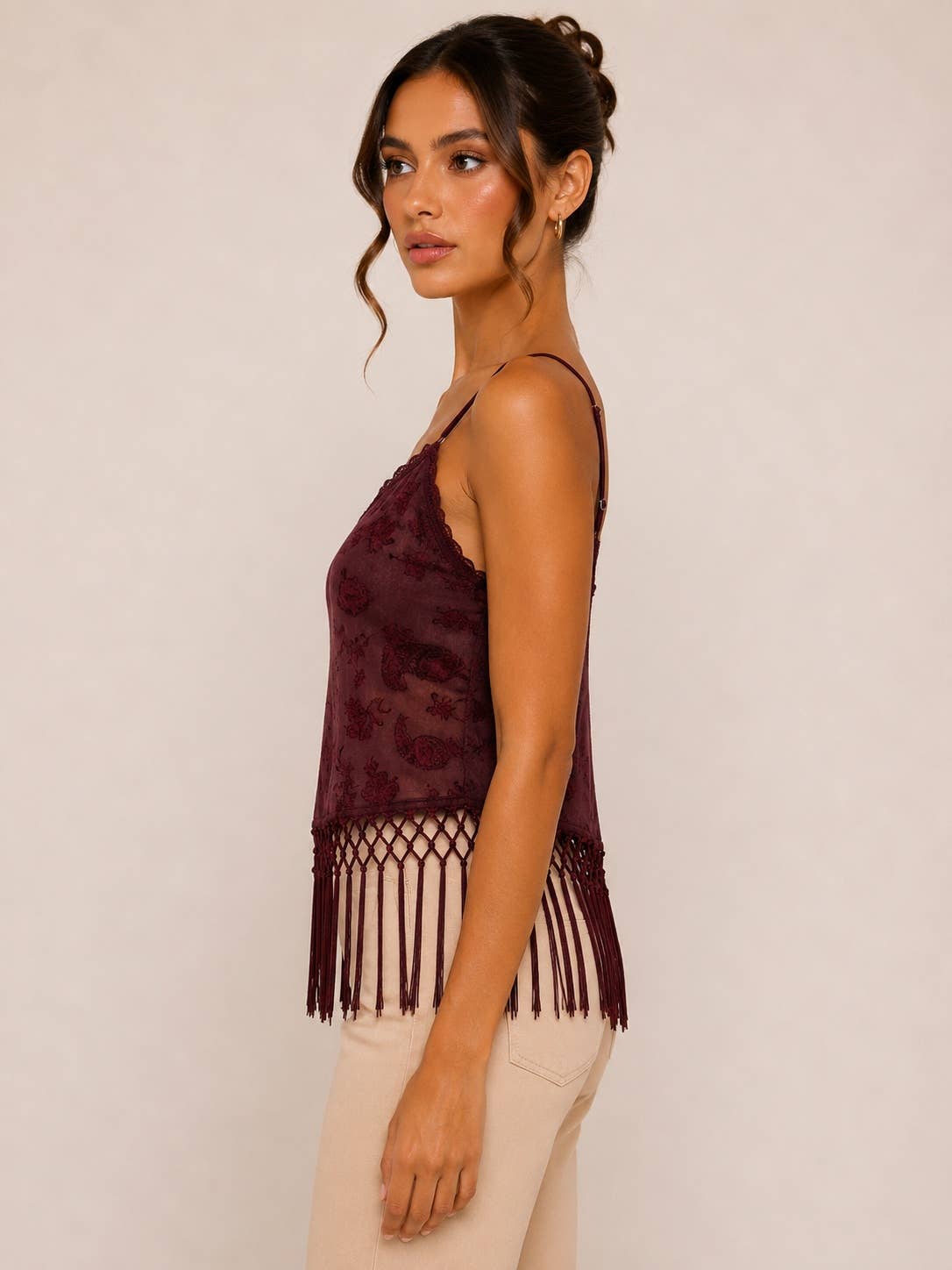 MACRAME FRINGE VELVET FLOCKED MESH TOP - TI7970FO