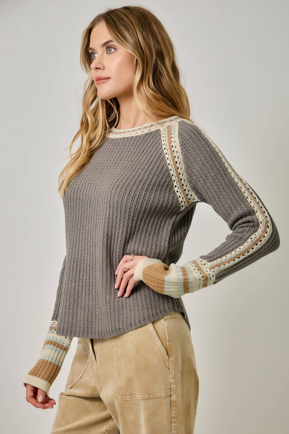 61199 Raglan Sleeve Trim Detail Sweater Top