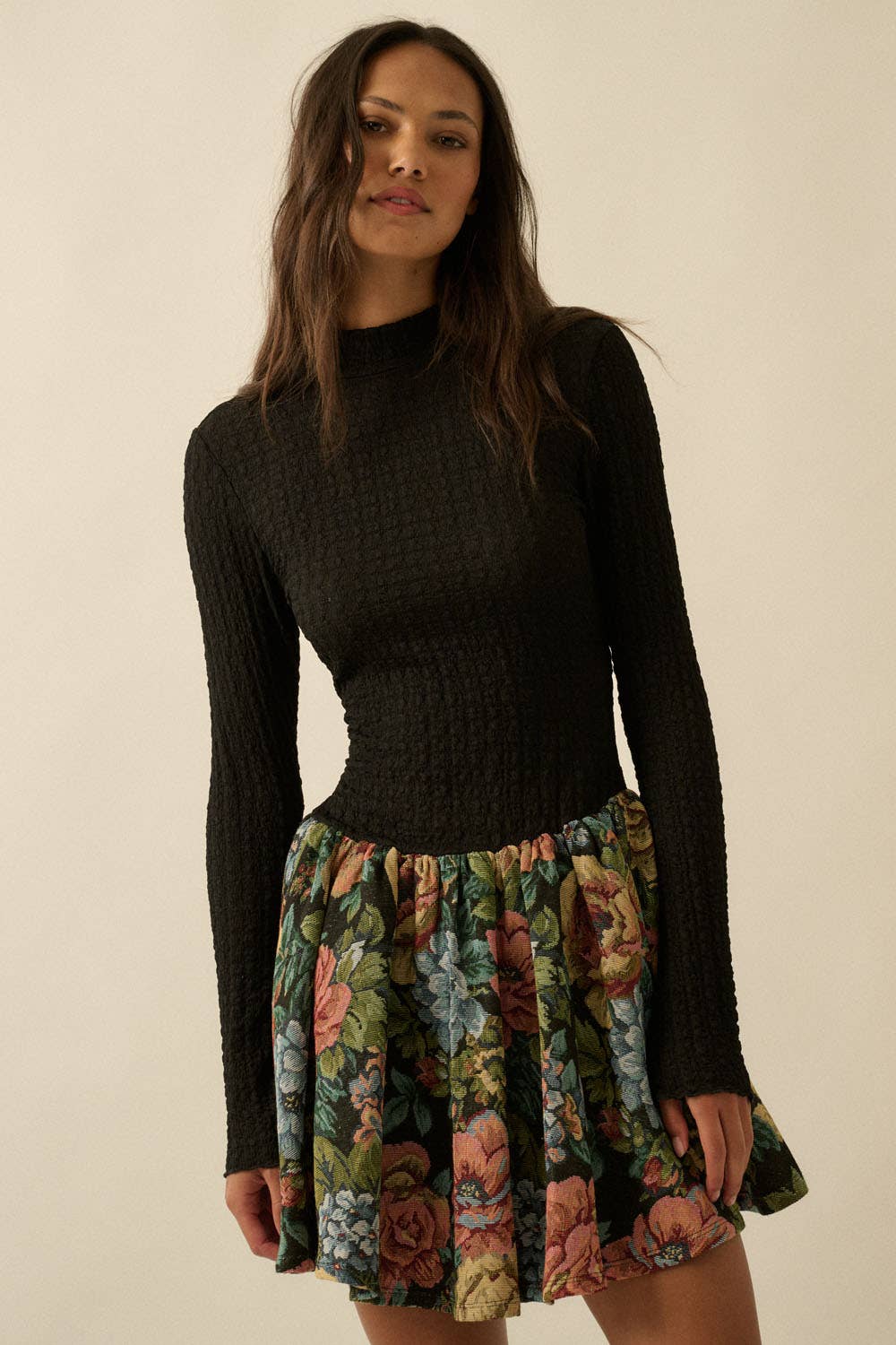 Textured Knit Floral Tapestry Bubble Mini Dress