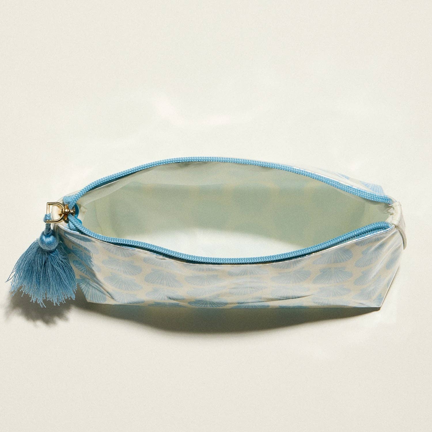 Blue Seashell Print Cosmetic Pouch | Zipper Makeup Bag with Tassel