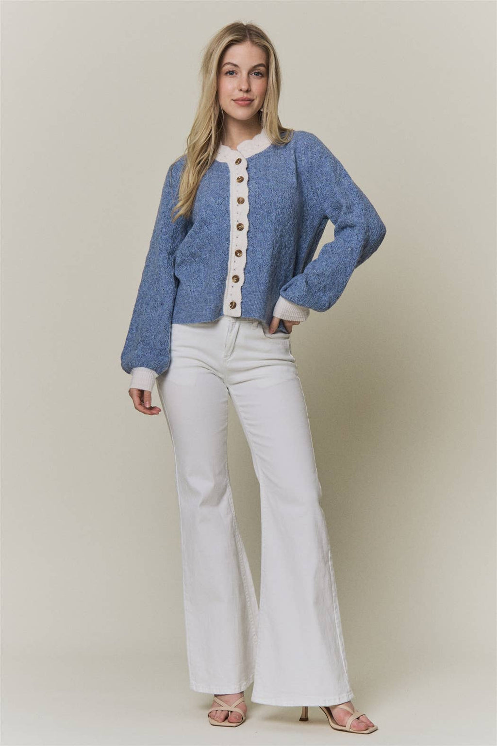 CONTRAST SCALLOP TRIM SWEATER CARDIGAN