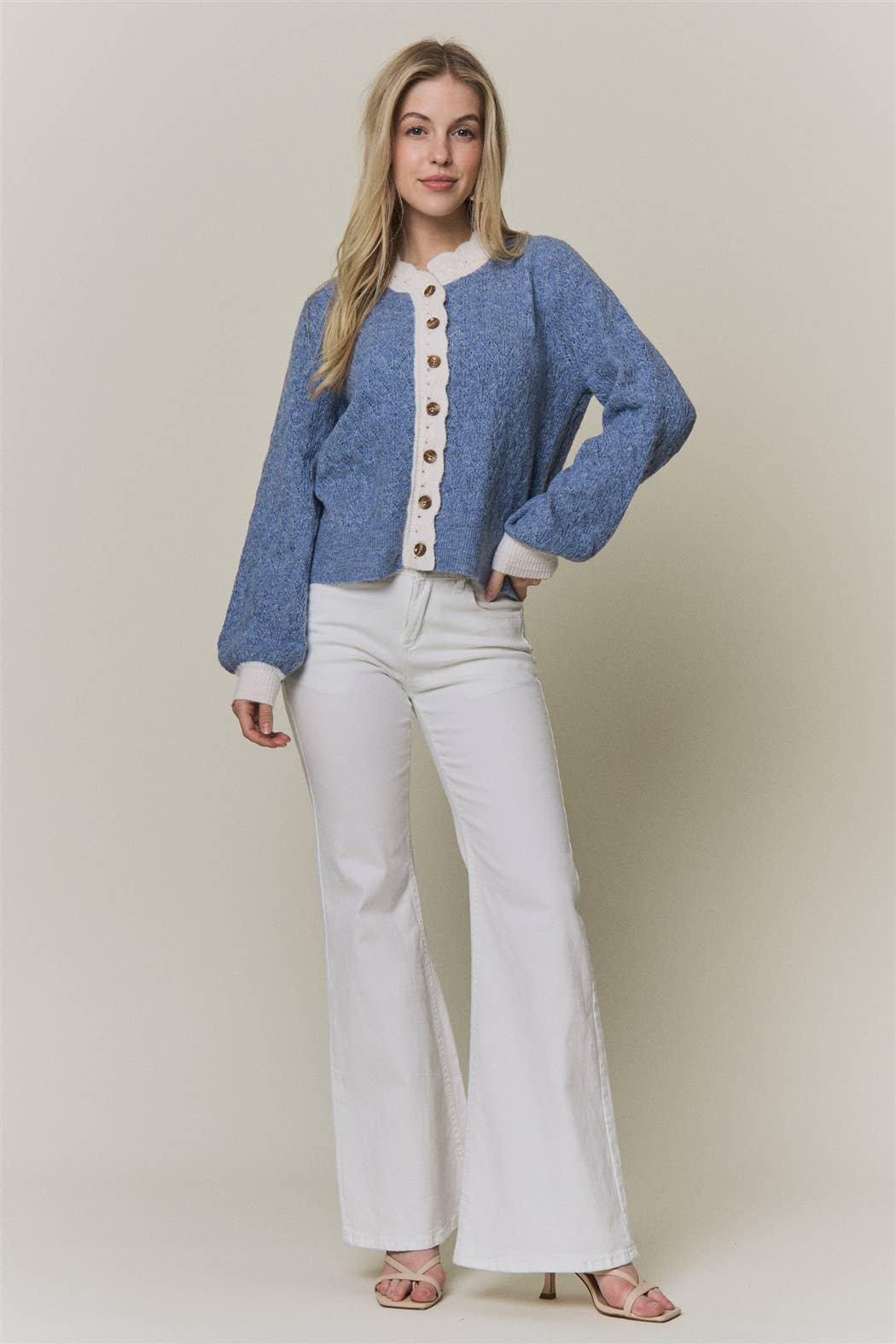 CONTRAST SCALLOP TRIM SWEATER CARDIGAN