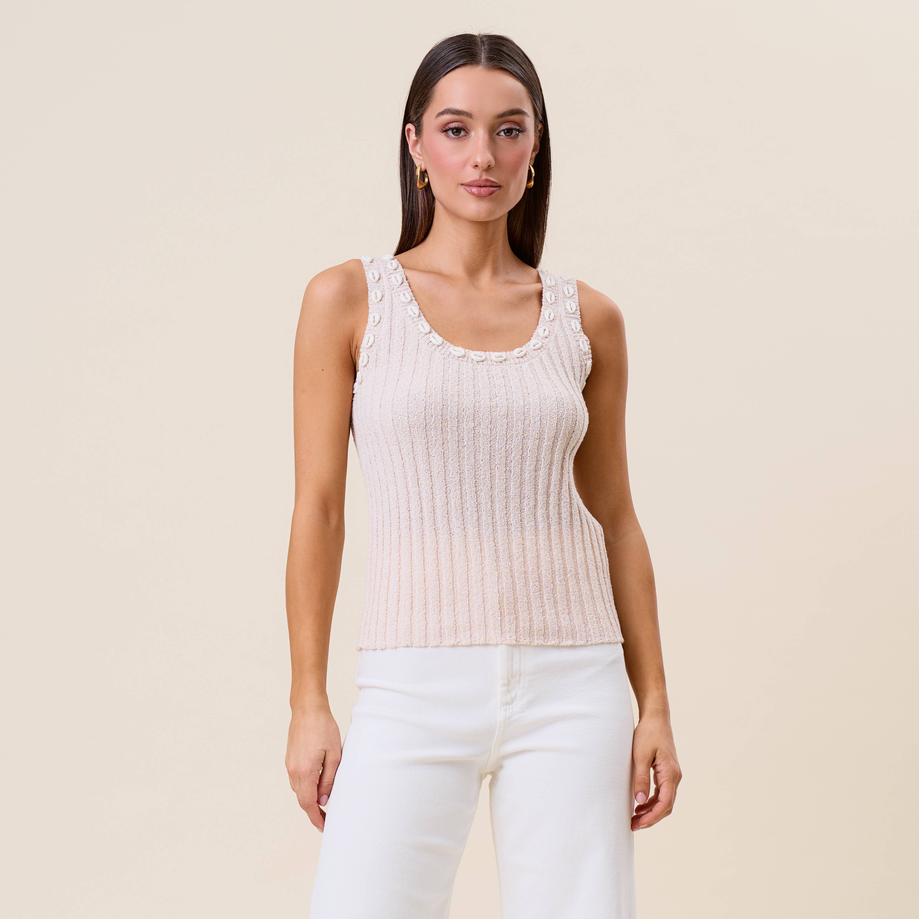 Shell embellished sleeveless knit top